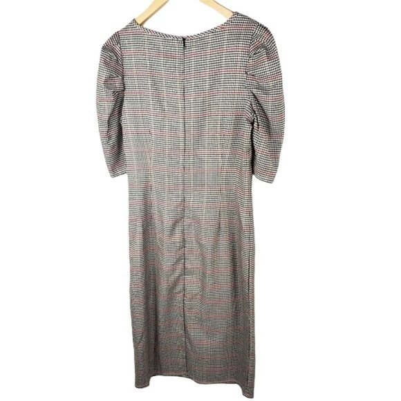Tacera  Herringbone puff sleeves dress  Small Cream Pencil  Red  plaid - Picture 5 of 9